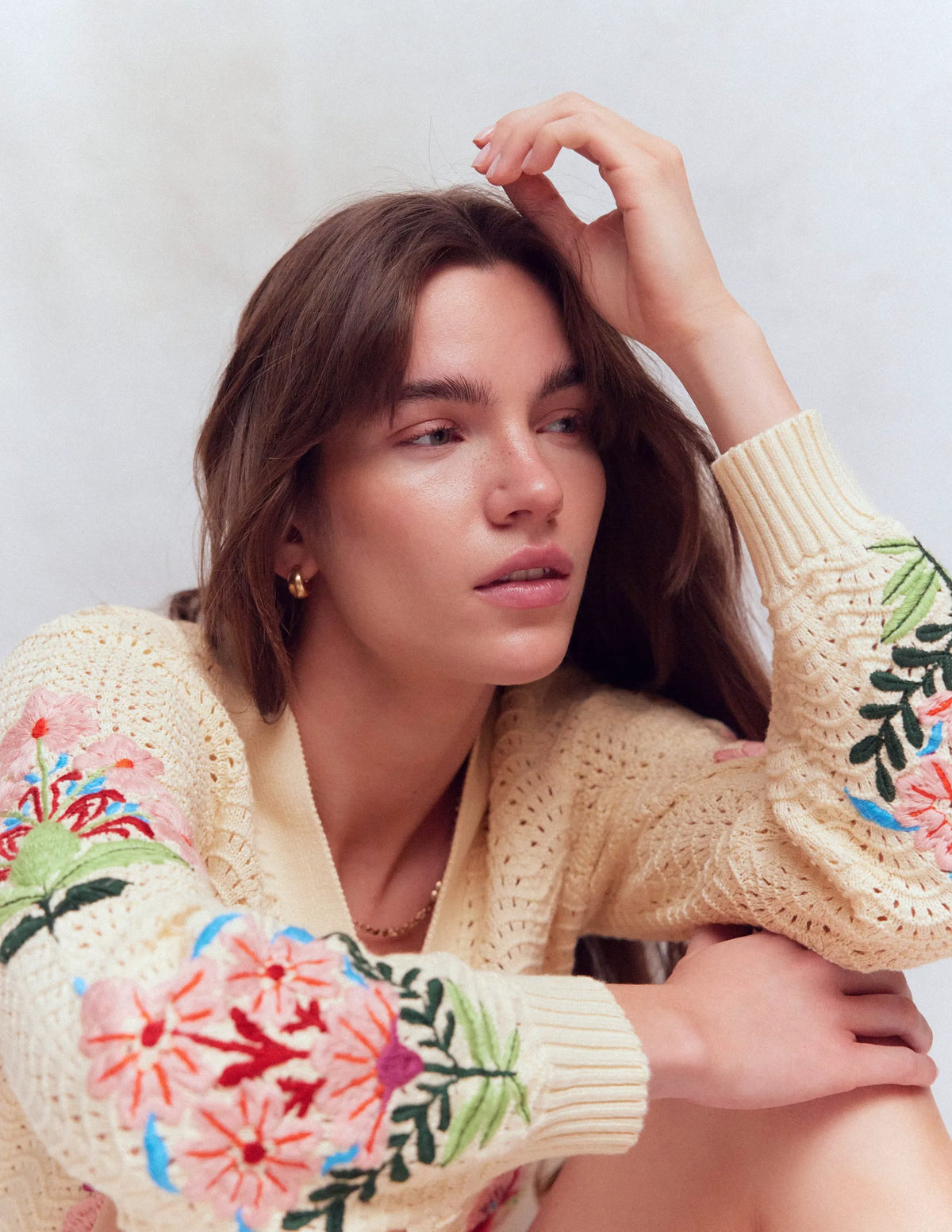 Relaxed Cotton Stitch Cardigan-Ivory, Embroidery