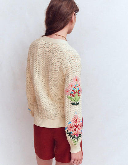 Relaxed Cotton Stitch Cardigan-Ivory, Embroidery