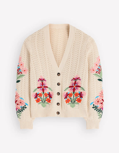 Relaxed Cotton Stitch Cardigan-Ivory, Embroidery