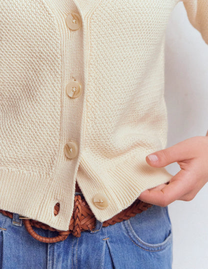 Hayley Cotton V-neck Cardigan-Warm Ivory