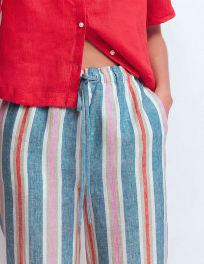 Islington Linen Crop Pants-Blue, Pink, Red Multistripe
