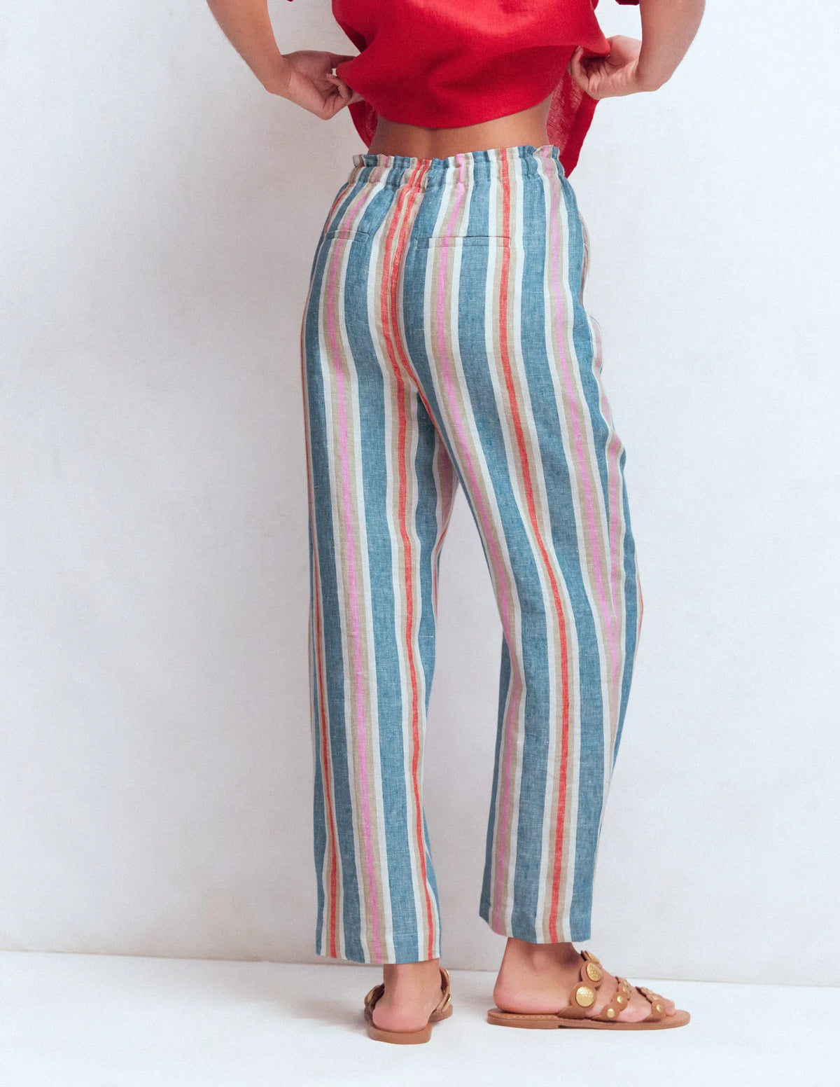 Islington Linen Crop Pants-Blue, Pink, Red Multistripe