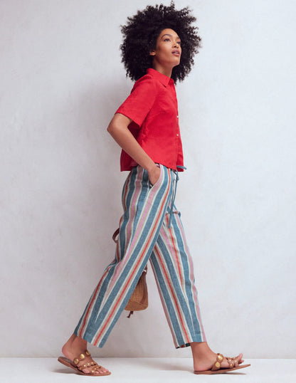 Islington Linen Crop Pants-Blue, Pink, Red Multistripe