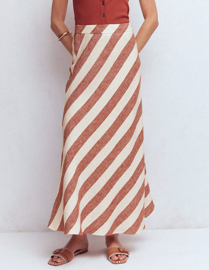 Bias Cut Linen Slip Skirt-Brown Diagonal Stripe