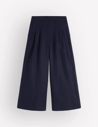 Pleated Linen Culotte-Navy