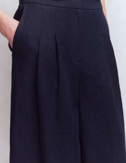 Pleated Linen Culotte-Navy