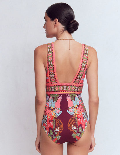 Porto V-neck Swimsuit-Chocberry, Tropical Safari