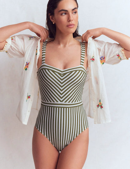 Clean Sweetheart Swimsuit-Olive Ivory Stripe