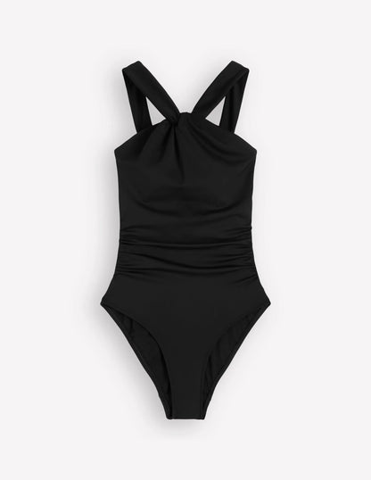 Pleated Strap Cross Swimsuit-Black