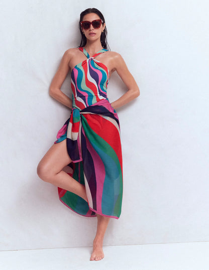 Pleated Strap Cross Swimsuit-Multi, Rhythmic Wave