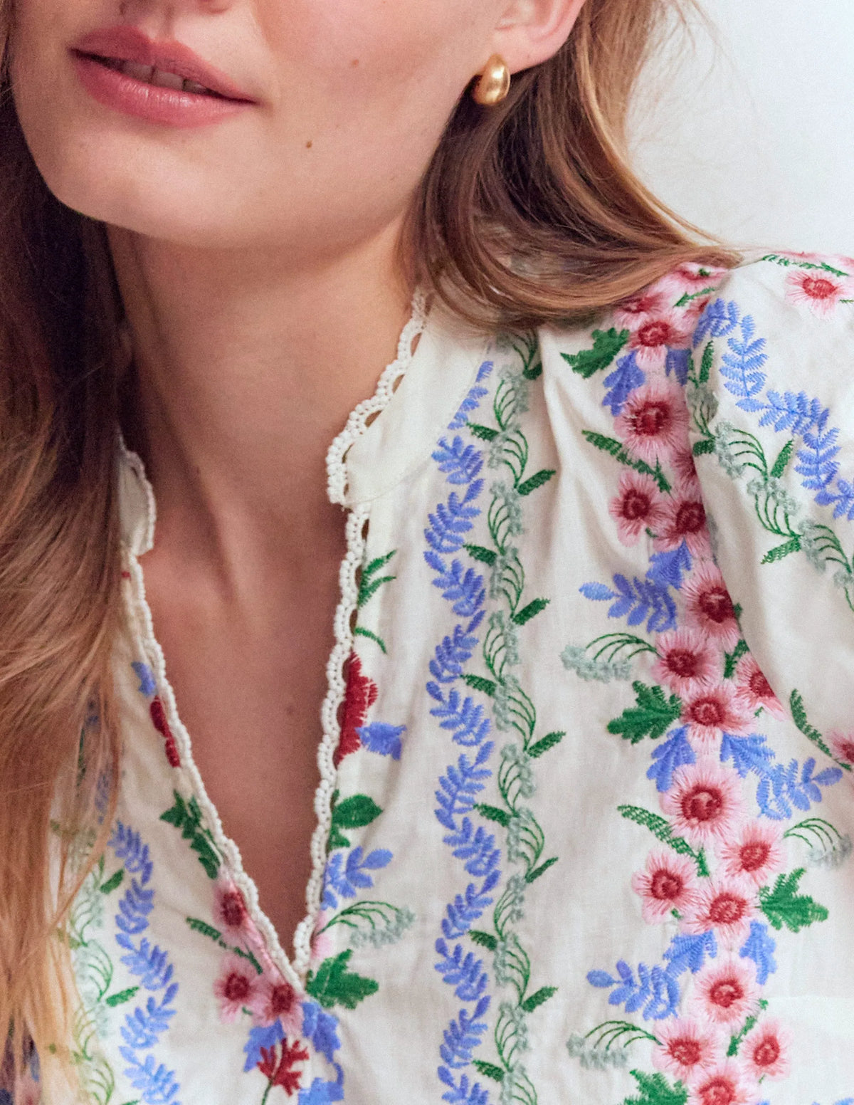 Embroidered Notch Neck Top-Floral Embroidery