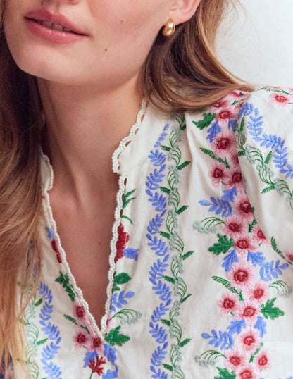 Embroidered Notch Neck Top-Floral Embroidery