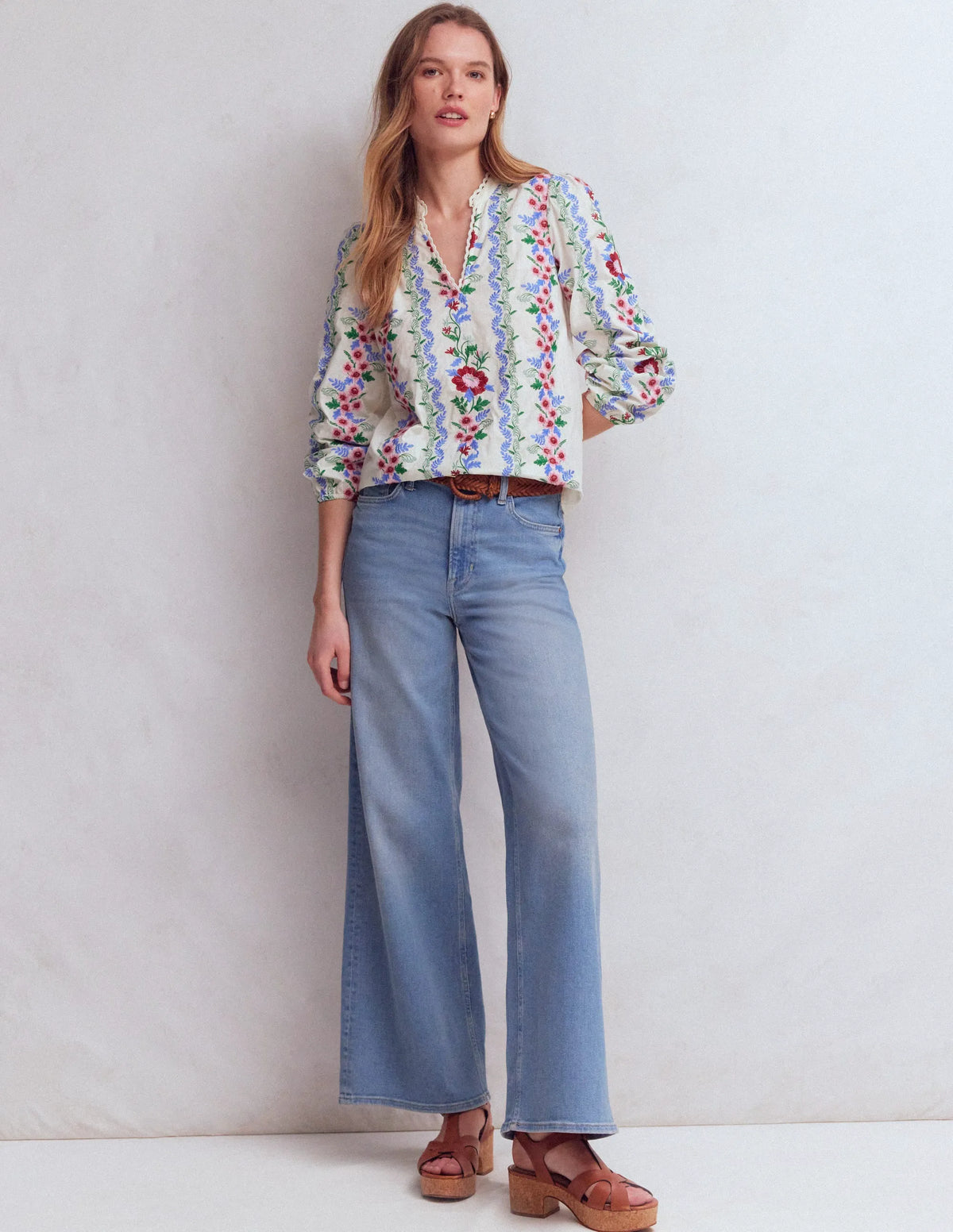 Embroidered Notch Neck Top-Floral Embroidery