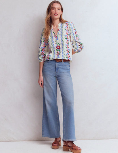 Embroidered Notch Neck Top-Floral Embroidery