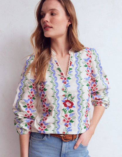 Embroidered Notch Neck Top-Floral Embroidery
