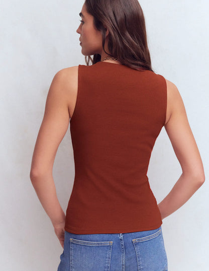 Evie Button Through Rib Vest-Burnt Orange