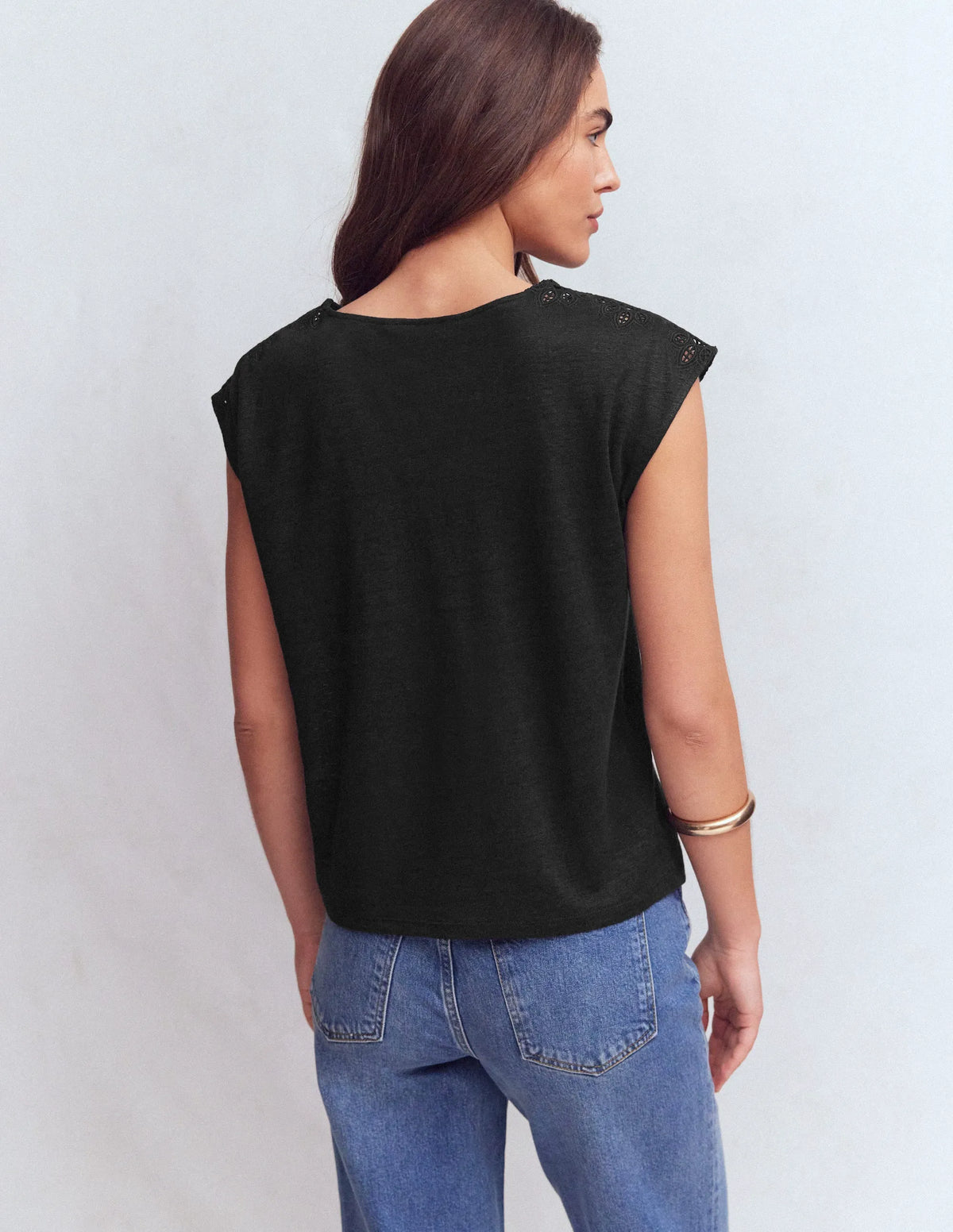 Tara Cutwork Linen Tee-Black