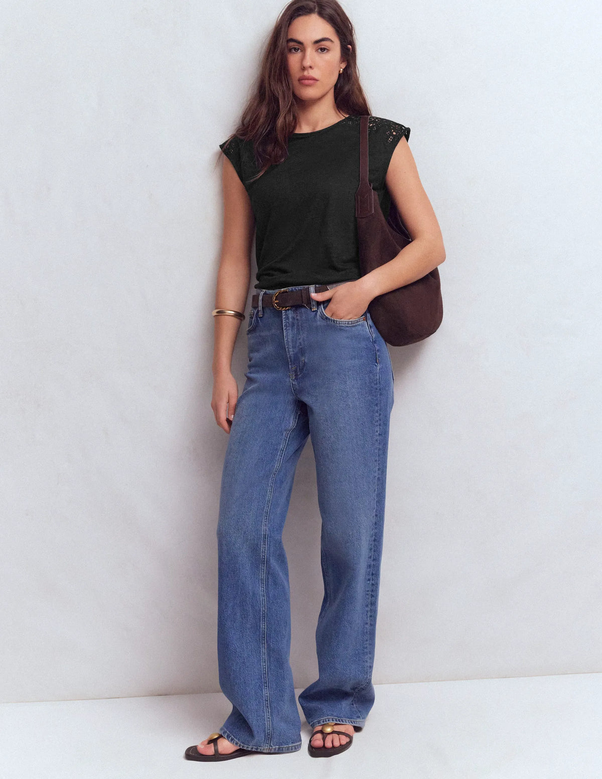 Tara Cutwork Linen Tee-Black