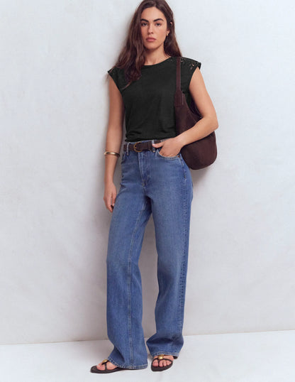 Tara Cutwork Linen Tee-Black