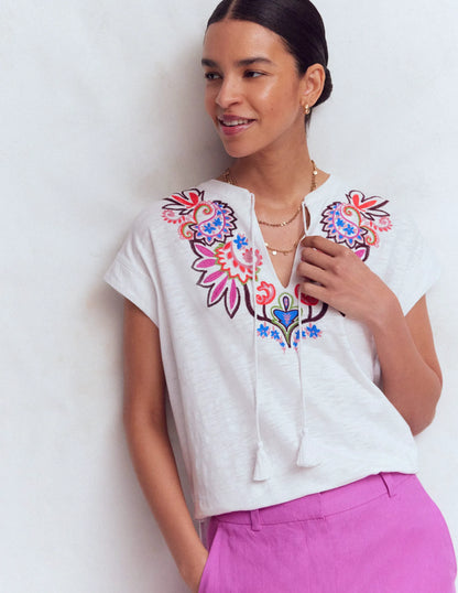 Nina Embroidered Notch T-shirt-White - Multi Embroidery