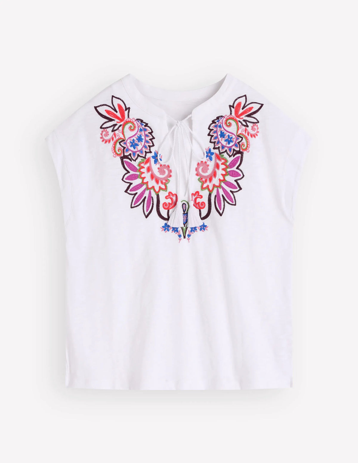 Nina Embroidered Notch T-shirt-White - Multi Embroidery