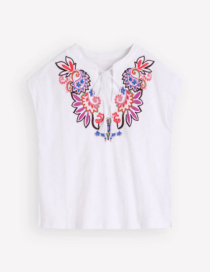 Nina Embroidered Notch T-shirt-White - Multi Embroidery
