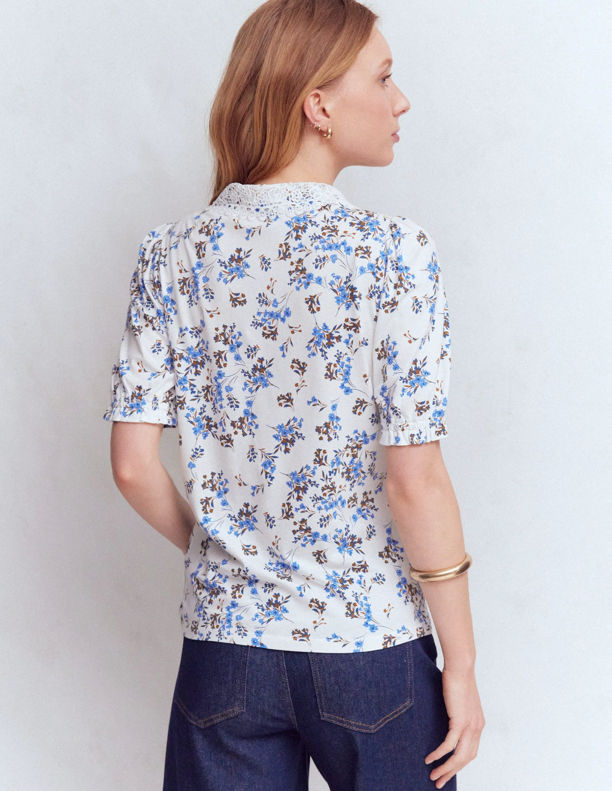 Nessa Broderie Collar Blouse-Ivory, Blue Bloom Scatter