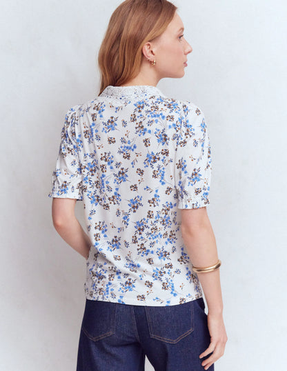 Nessa Broderie Collar Blouse-Ivory, Blue Bloom Scatter