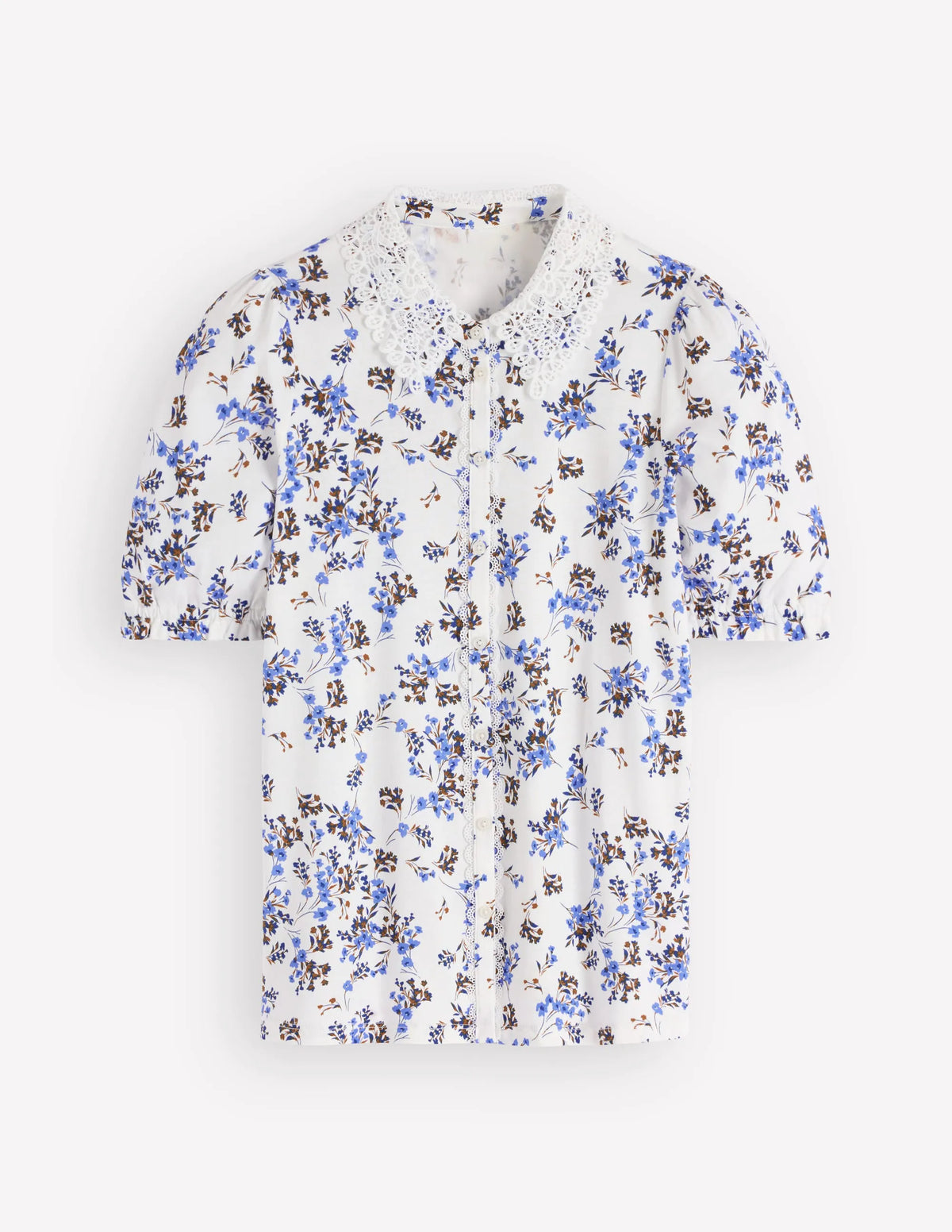 Nessa Broderie Collar Blouse-Ivory, Blue Bloom Scatter