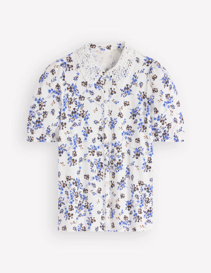 Nessa Broderie Collar Blouse-Ivory, Blue Bloom Scatter