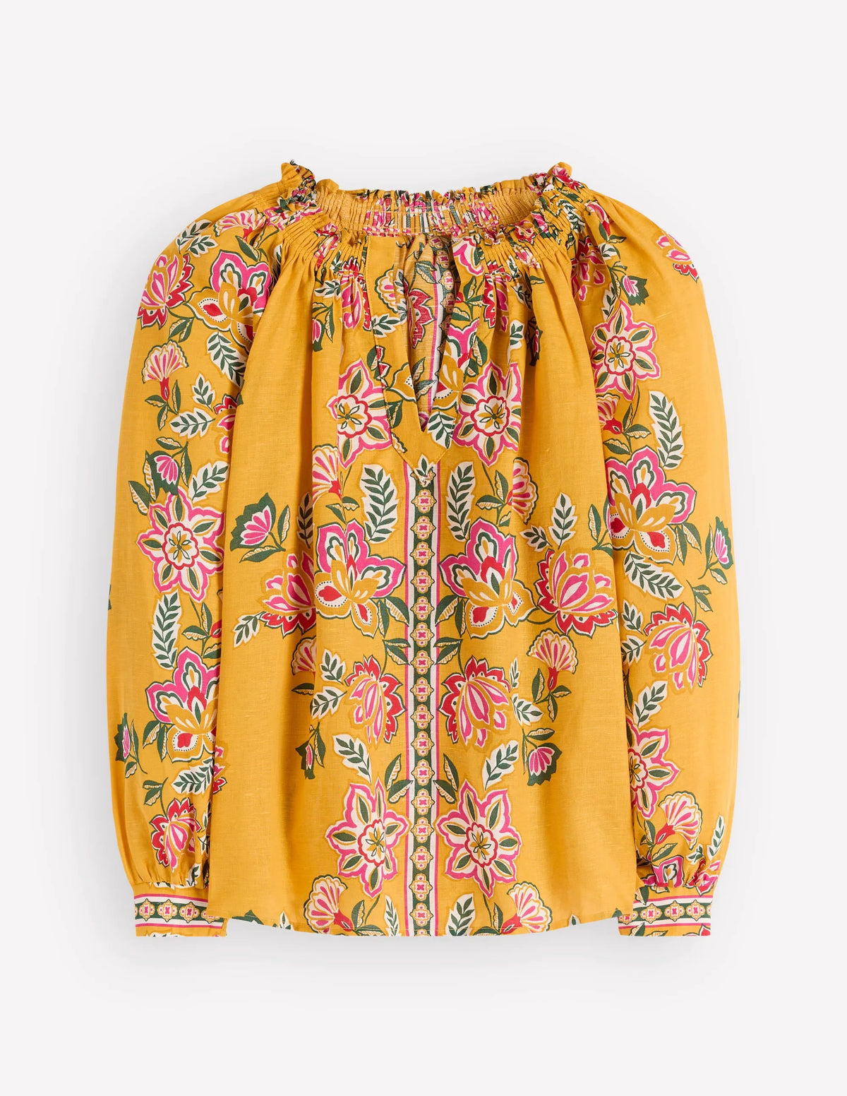 Serena Pleat Neck Linen Top-Marigold, Blossom Elegance