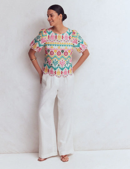 Linen Puff Sleeve Top-Multi Broderie