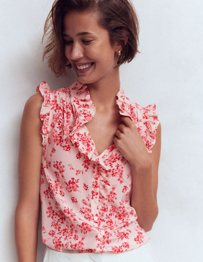 Isabel Sleeveless Silk Top-Pink, Bloom Scatter Mono