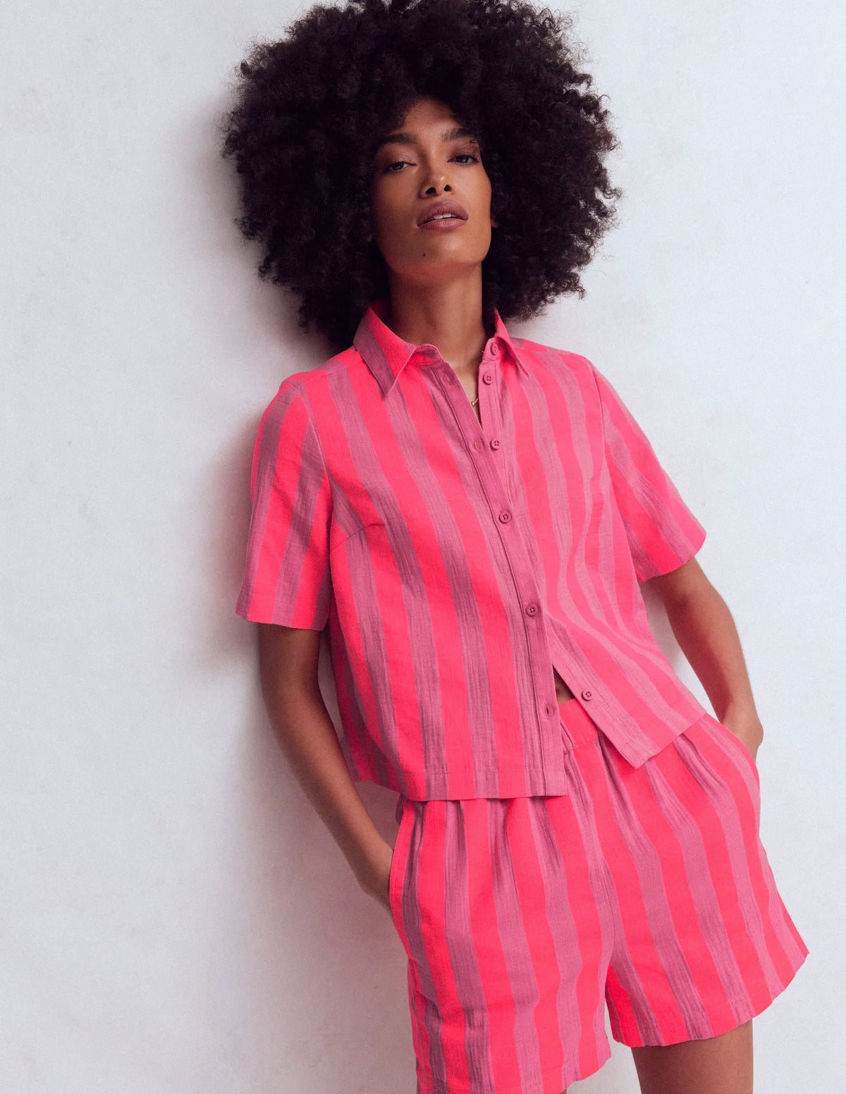 Double Cloth Shirt-Pink, Neon Coral Mid Stripe