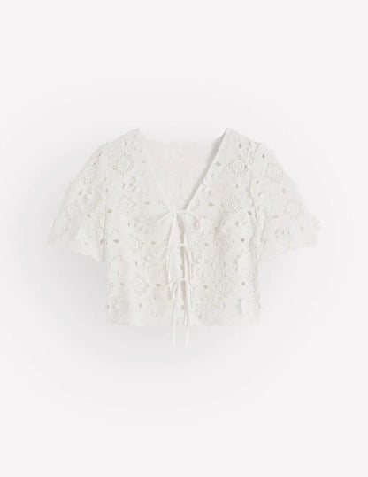 Tie Front Lace Top-White