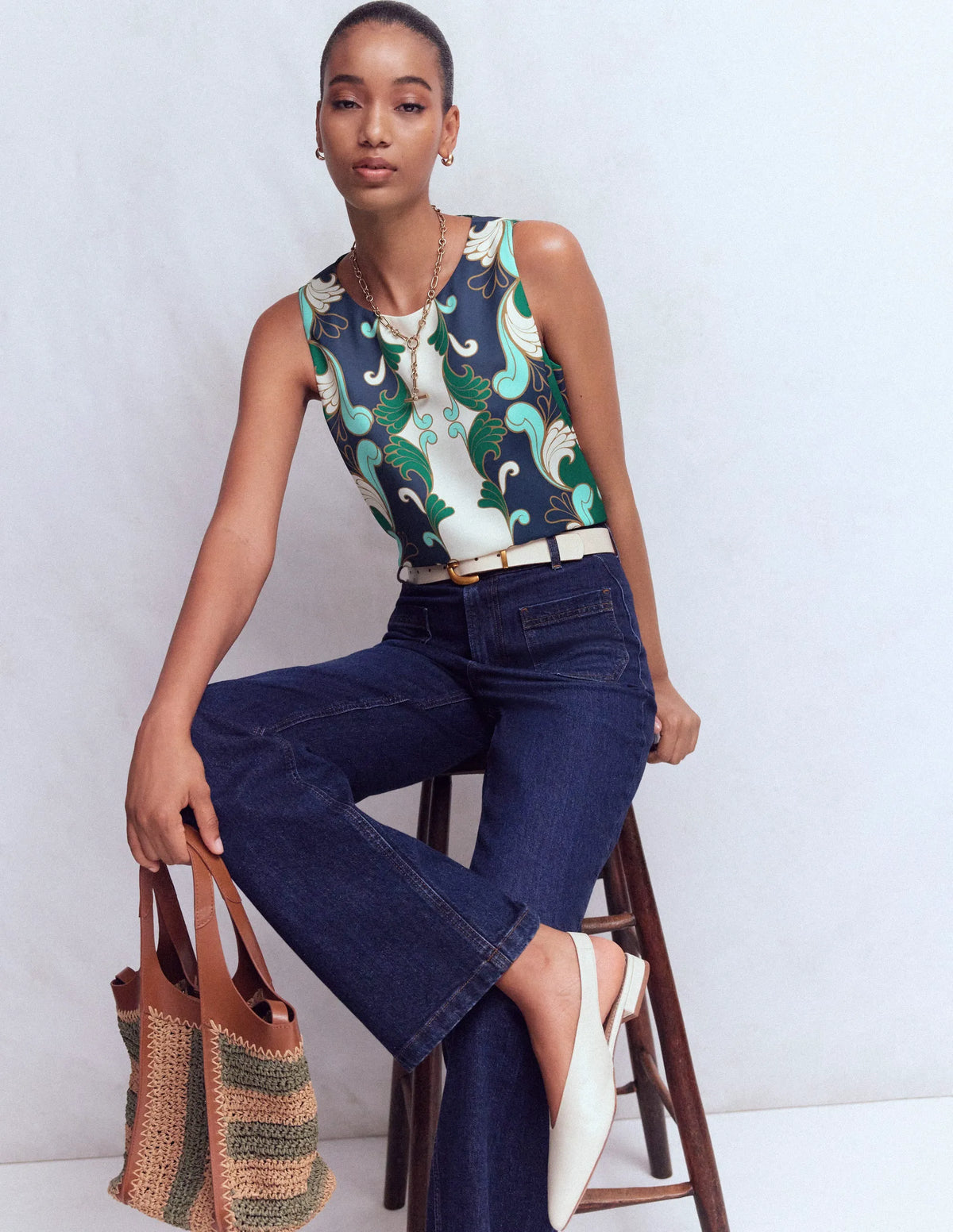 Relaxed Sleeveless Shell Top-Ivory, Foliage Whirl