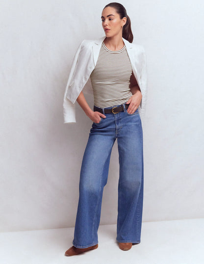 Ribbed Racer Vest-Ivory & Brown Stripe