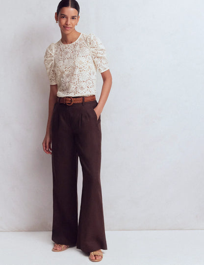 Pleat Sleeve Lace T-shirt-Ivory