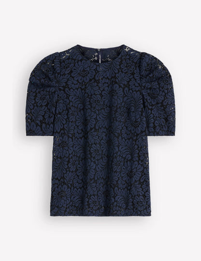 Pleat Sleeve Lace T-shirt-Navy