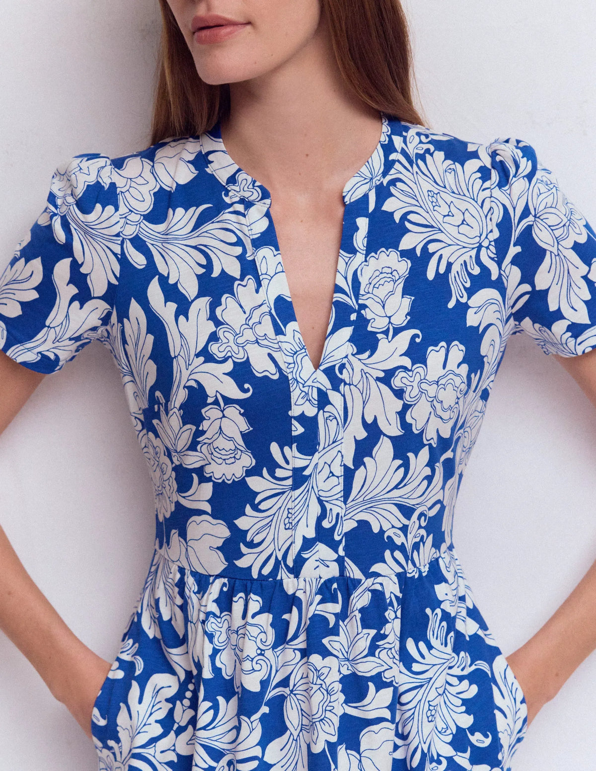 Naomi Short Sleeve Dress-Blue, Botanical Flourish Mono