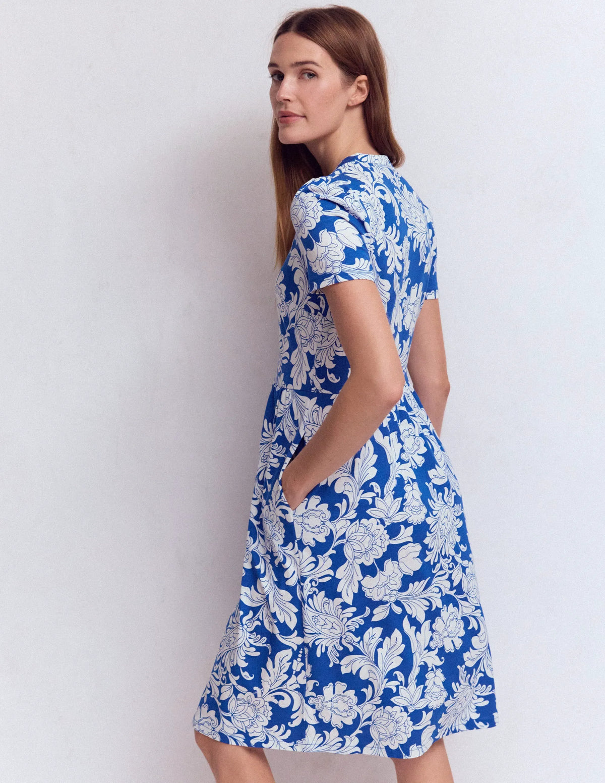 Naomi Short Sleeve Dress-Blue, Botanical Flourish Mono
