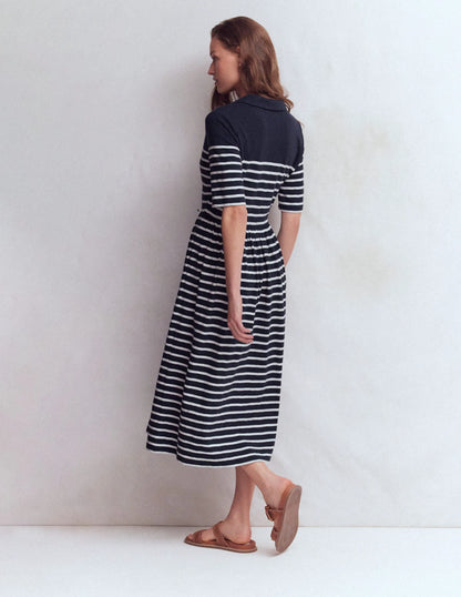 Aria Collared Jersey Dress-Navy, Ivory Stripe