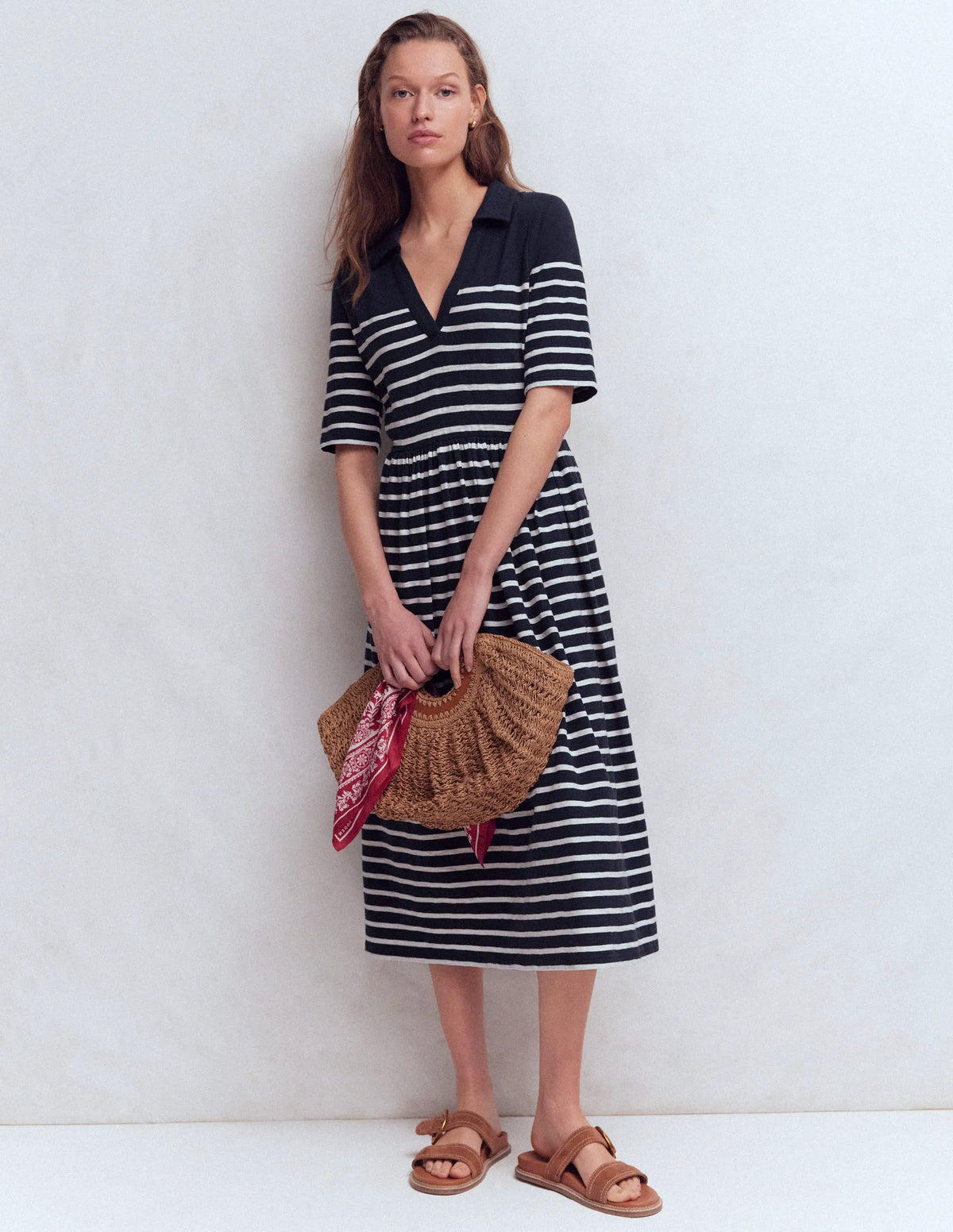 Aria Collared Jersey Dress-Navy, Ivory Stripe