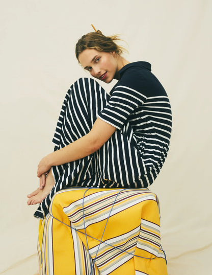 Aria Collared Jersey Dress-Navy, Ivory Stripe