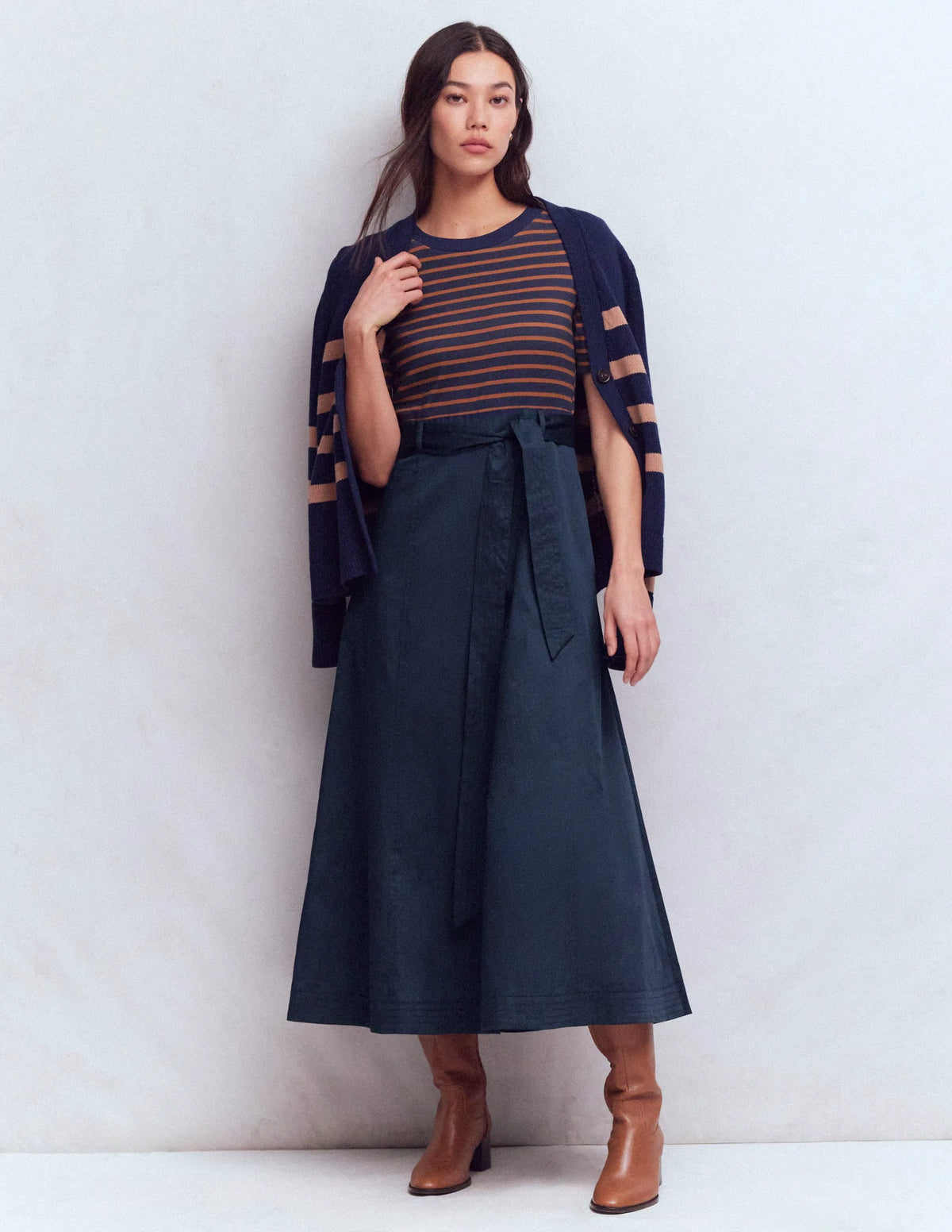 Crew Neck Mix Media Dress-Navy and Gingerbread Stripe