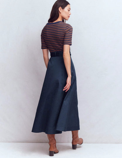 Crew Neck Mix Media Dress-Navy and Gingerbread Stripe