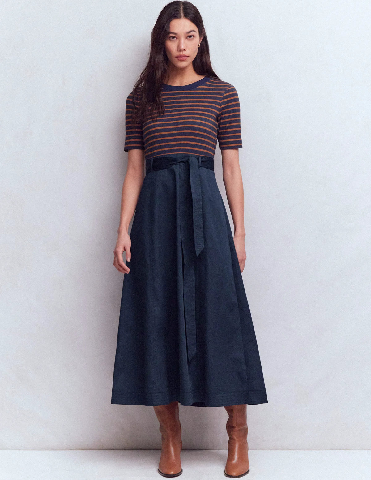 Crew Neck Mix Media Dress-Navy and Gingerbread Stripe