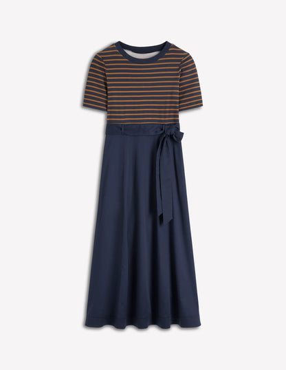 Crew Neck Mix Media Dress-Navy and Gingerbread Stripe