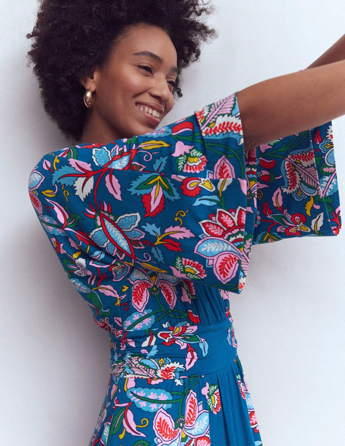 Imelda Kimono Jersey Dress-Blue, Botanical Trail
