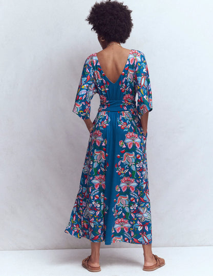 Imelda Kimono Jersey Dress-Blue, Botanical Trail